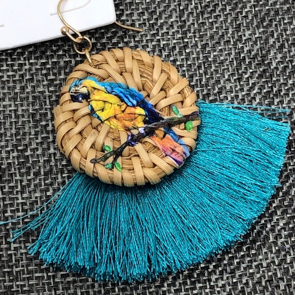 Parrot Painted Woven Straw Fan Tassel Earrings - Picture 5 of 5